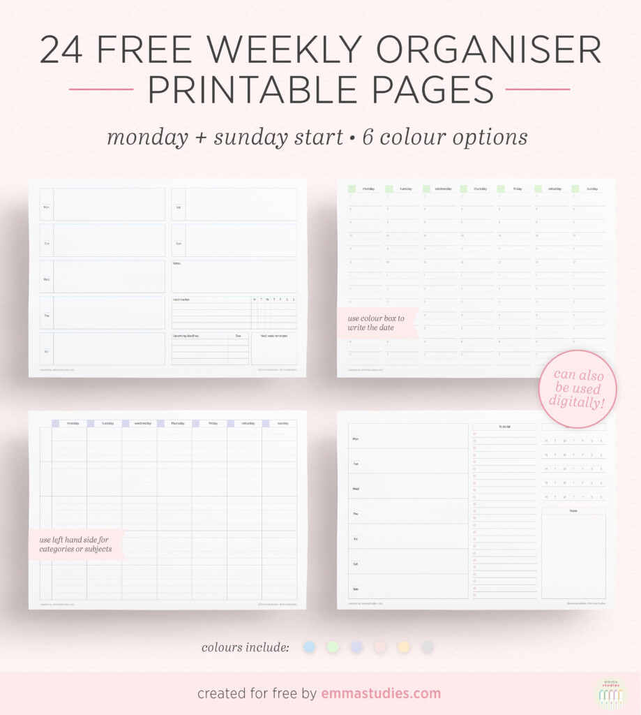 Weekly Planner A3 Different Colours Printable Paper Stationery Jan 