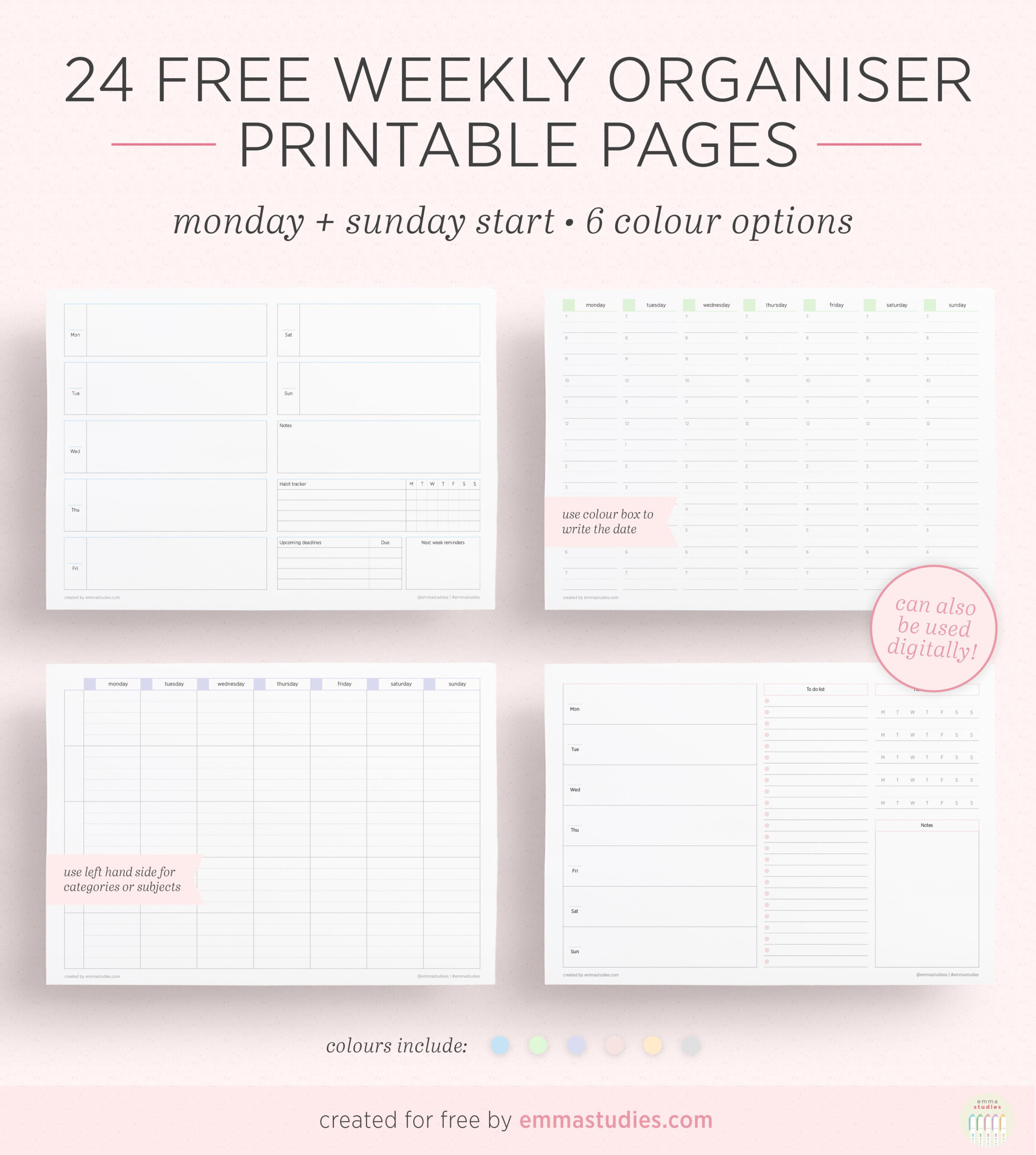 Weekly Planner A3 Different Colours Printable Paper Stationery Jan 