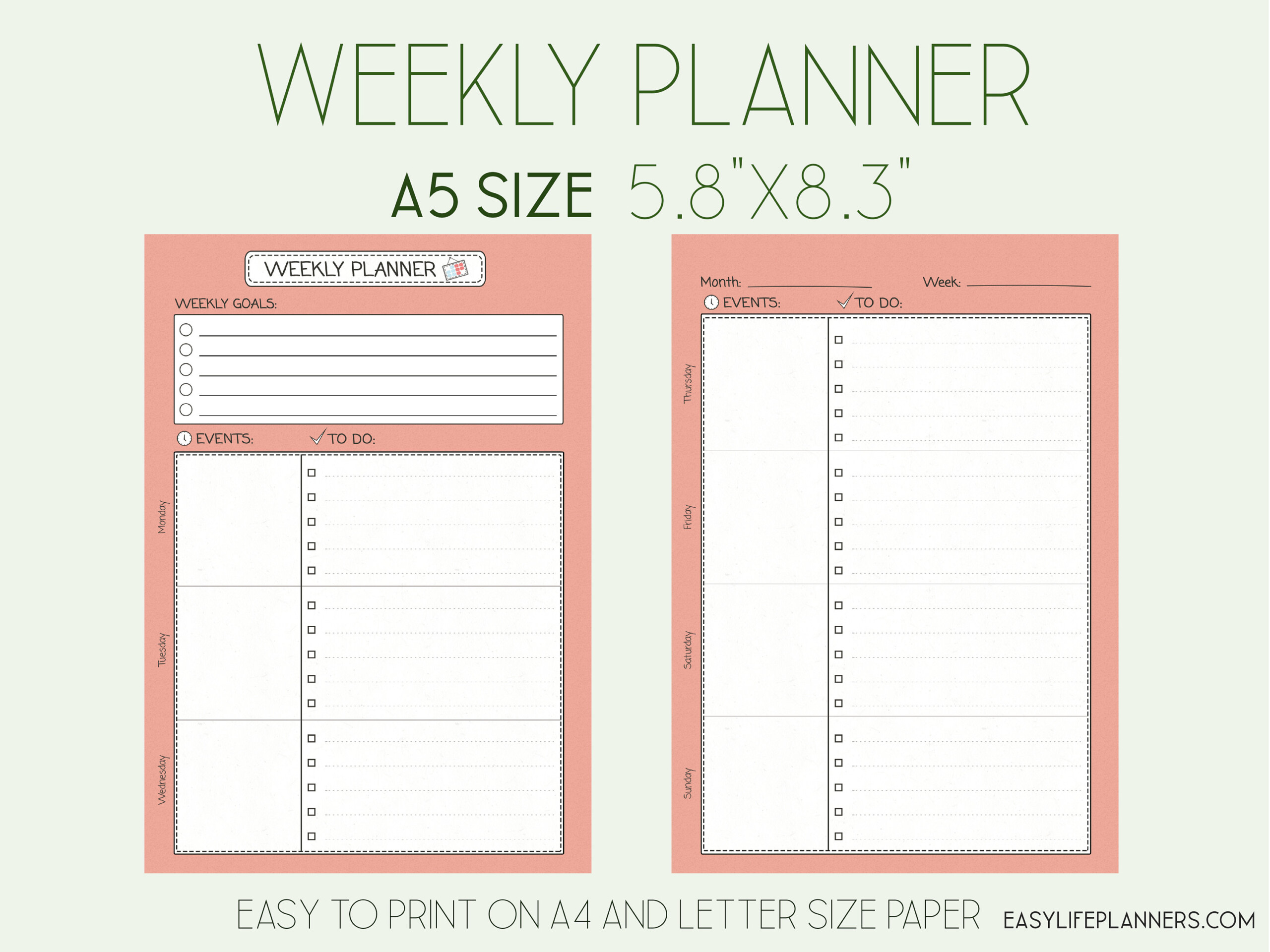 Weekly Planner A5 Planner Insert Productivity Planner A5 Weekly 