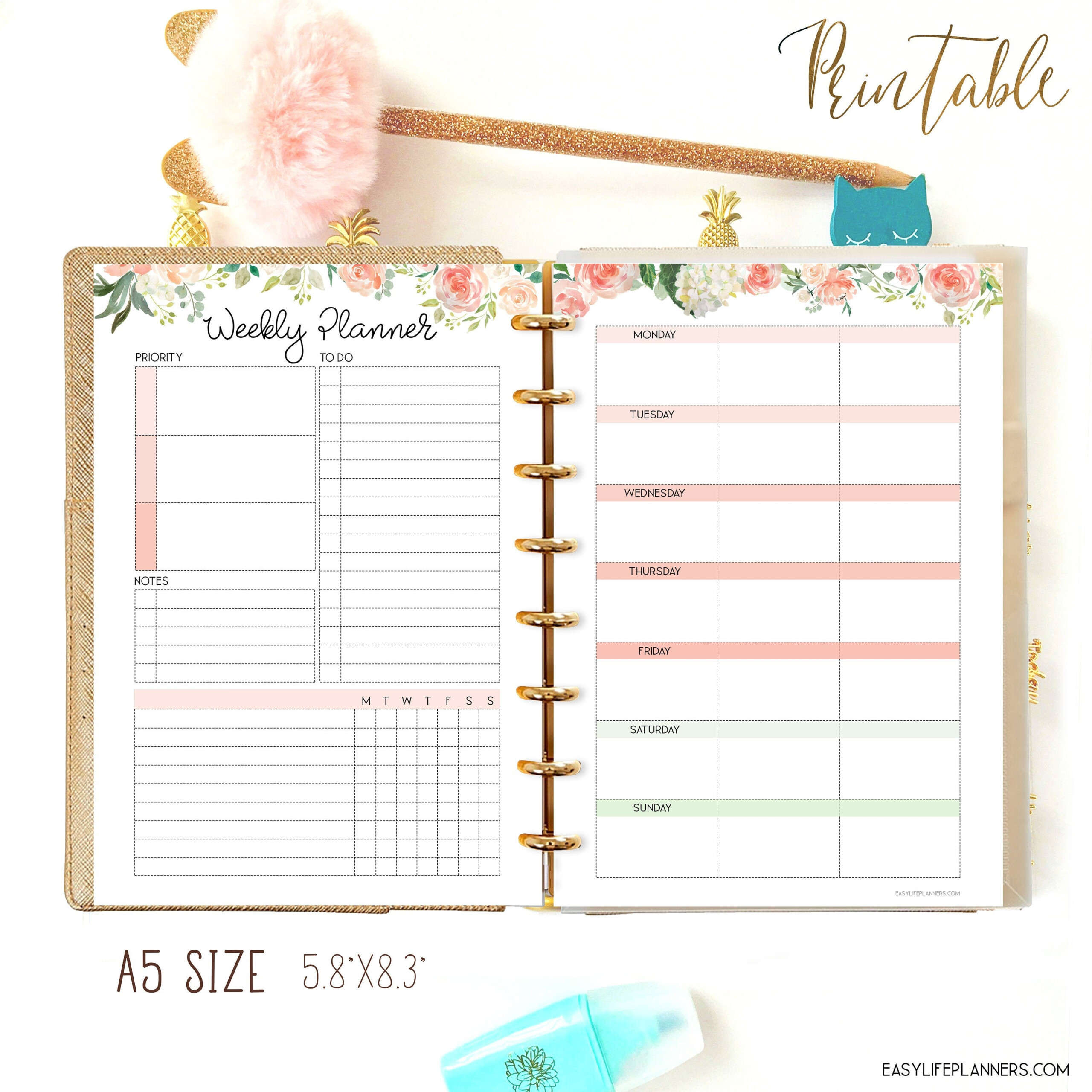 Weekly Planner A5 Planner Insert Productivity Planner Weekly Planner 