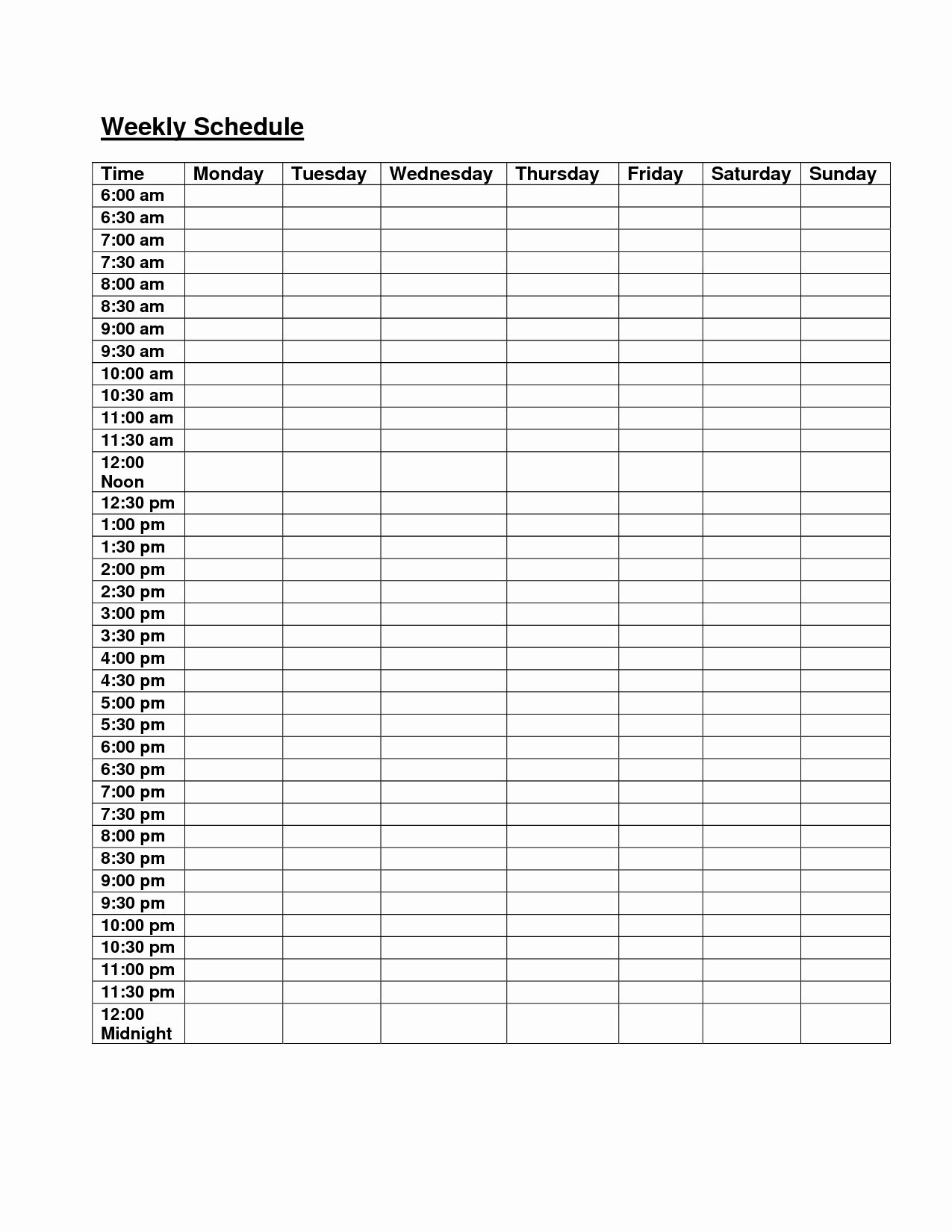 Weekly Schedule Template With Hours New 6am Midnight Hourly Weekly 