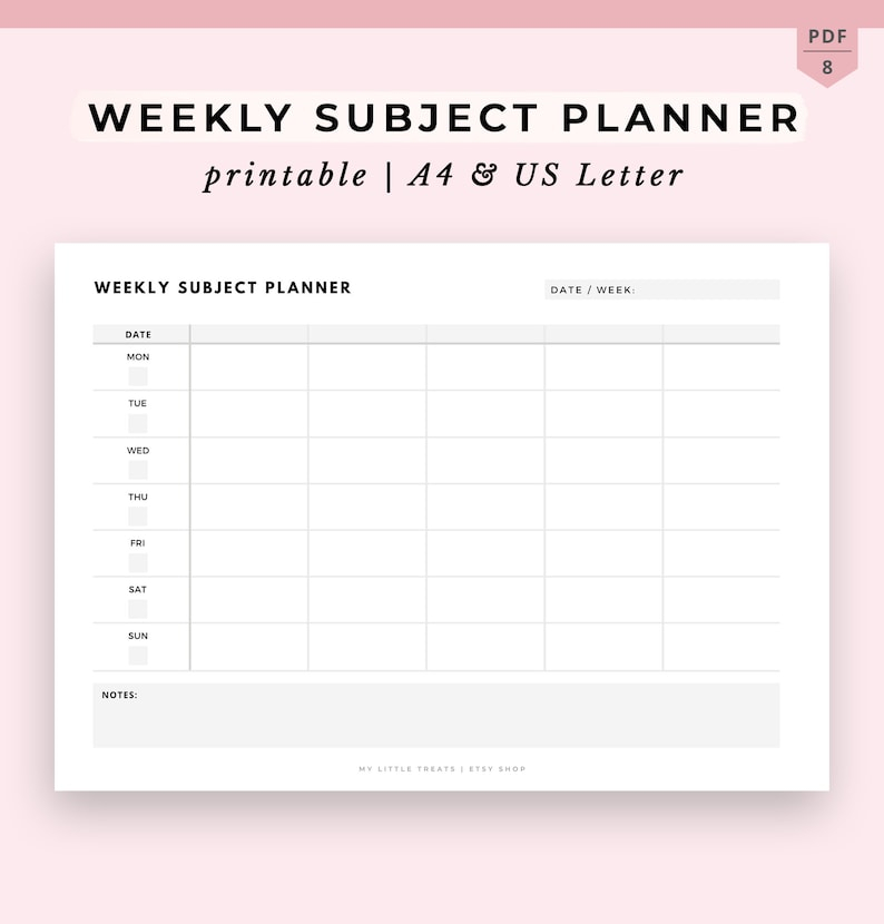 Weekly Subject Planner For Students Printable School Etsy