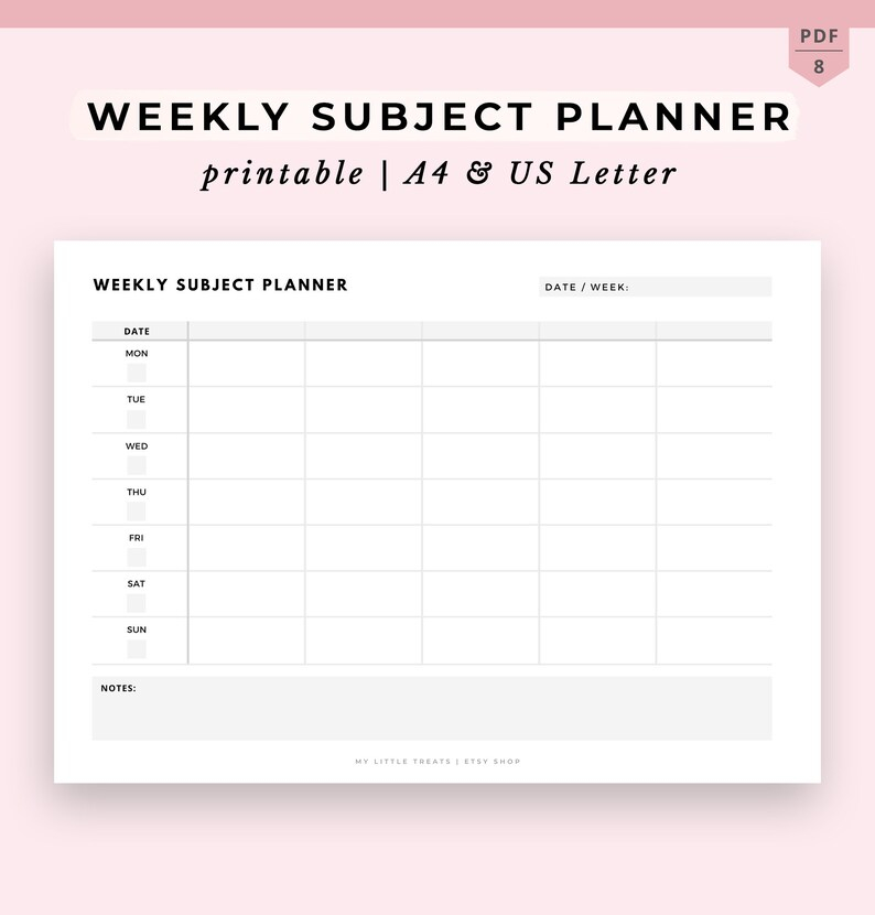 Weekly Subject Planner For Students Printable School Etsy